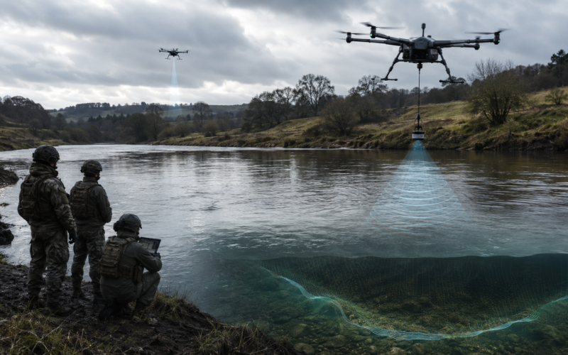 Representative image: Drone-deployed wet gap sensors survey a river crossing from a safe stand-off distance, illustrating how UK Defence Innovation’s Map the Gap Phase 3 competition could help the British Army reduce risk for Royal Engineer reconnaissance teams during opposed water crossings.