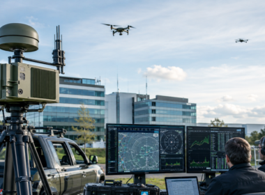 Representative image of counter-drone surveillance and defence monitoring systems, reflecting investor interest in DroneShield’s ASX share rebound, Q1 2026 revenue growth, A$2.2 billion sales pipeline and leadership transition ahead of its Sydney annual general meeting.