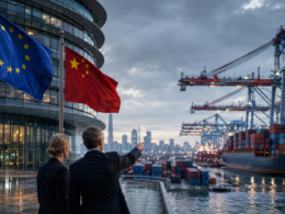 Representative image of European Union and China trade tensions, showing policy officials overlooking a busy cargo port as Brussels warns that the current EU-China trade relationship is no longer sustainable.