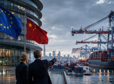 Representative image of European Union and China trade tensions, showing policy officials overlooking a busy cargo port as Brussels warns that the current EU-China trade relationship is no longer sustainable.