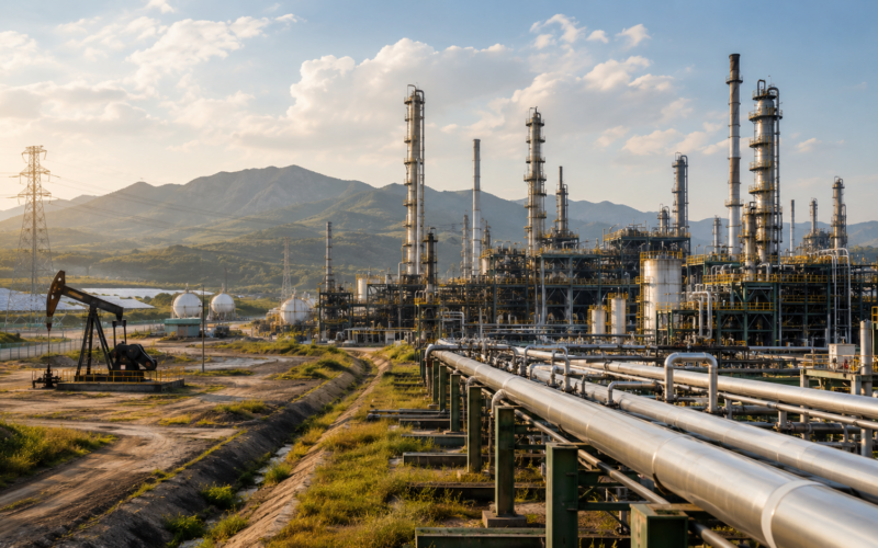 Representative image: Oil refinery, pipeline and energy infrastructure imagery reflecting Ecopetrol’s Q1 2026 results, where stronger refining margins, gas strategy and Brazil expansion plans shape the outlook for NYSE: EC.