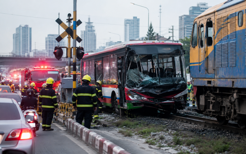 Representative image of emergency responders at an urban railway crossing after a train-bus collision, illustrating the deadly Thailand crash near Bangkok’s Makkasan area that killed eight people and injured dozens.