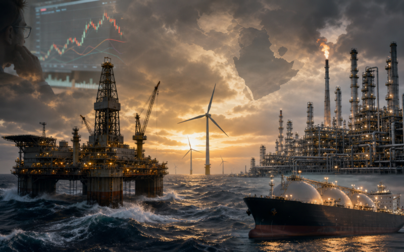 Representative image of Europe’s integrated oil and gas majors weighing dividends, buybacks, hydrocarbon growth, asset sales, and offshore wind exposure as Brent crude volatility reshapes energy capital allocation in 2026.