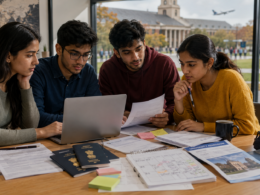 Representative image: Indian students reviewing university admission papers, passports and visa timelines as the Fall 2026 U.S. study abroad cycle becomes more competitive for applicants facing tighter embassy appointment windows and stricter interview scrutiny.