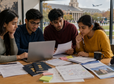 Representative image: Indian students reviewing university admission papers, passports and visa timelines as the Fall 2026 U.S. study abroad cycle becomes more competitive for applicants facing tighter embassy appointment windows and stricter interview scrutiny.