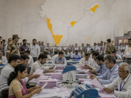 Representative image of officials counting votes during India’s 2026 assembly election results, as early trends point to major political shifts in West Bengal, Tamil Nadu, Kerala, Assam and Puducherry.