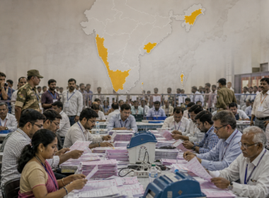 Representative image of officials counting votes during India’s 2026 assembly election results, as early trends point to major political shifts in West Bengal, Tamil Nadu, Kerala, Assam and Puducherry.