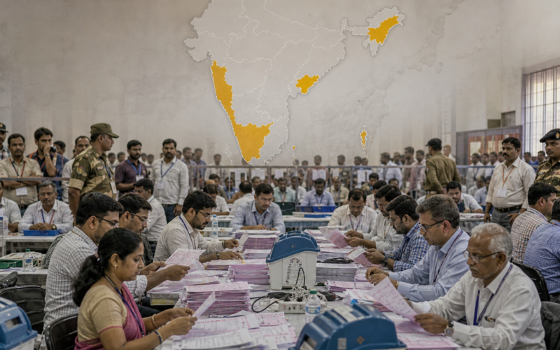 Representative image of officials counting votes during India’s 2026 assembly election results, as early trends point to major political shifts in West Bengal, Tamil Nadu, Kerala, Assam and Puducherry.