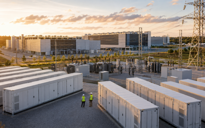 Representative image of a grid-scale battery storage site connected to data center power infrastructure, reflecting the investor focus on Fluence Energy’s record backlog, hyperscaler demand, and fiscal Q3 order catalyst.