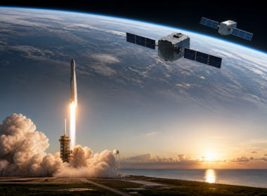 Representative image of a rocket launch and low-Earth orbit satellites, illustrating Foxconn’s PEARL-1A and PEARL-1B mission as the company expands its space communications strategy beyond electronics manufacturing.