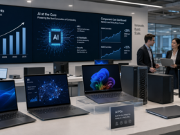 Representative image of AI PCs and enterprise hardware dashboards, reflecting HP Inc.’s Q2 results, rising AI PC shipments, Windows 11 refresh demand, and investor focus on memory cost pressure for $HPQ.