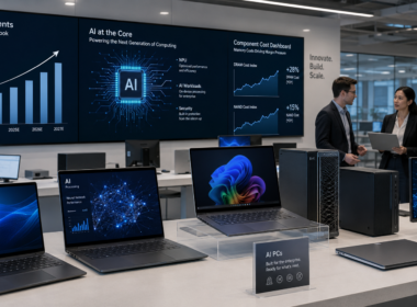 Representative image of AI PCs and enterprise hardware dashboards, reflecting HP Inc.’s Q2 results, rising AI PC shipments, Windows 11 refresh demand, and investor focus on memory cost pressure for $HPQ.
