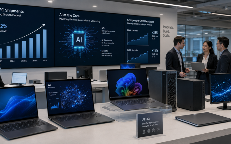 Representative image of AI PCs and enterprise hardware dashboards, reflecting HP Inc.’s Q2 results, rising AI PC shipments, Windows 11 refresh demand, and investor focus on memory cost pressure for $HPQ.