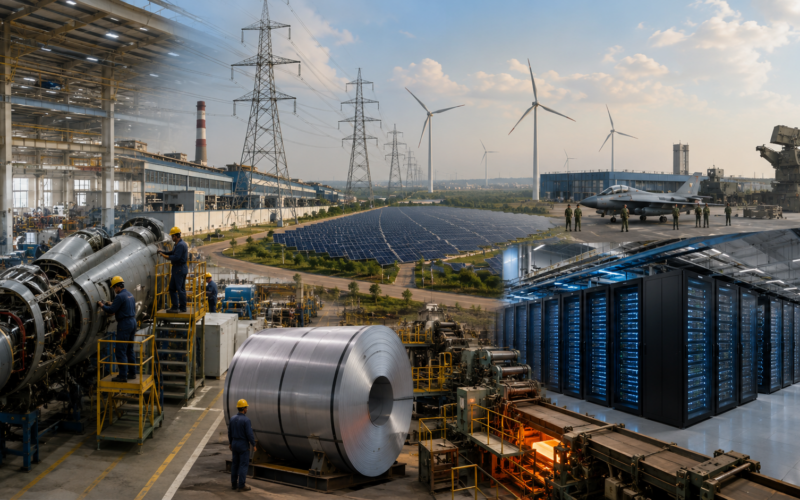 Representative image showing India Inc’s FY27 capex shift toward defence manufacturing, energy security, metals, data centres and AI infrastructure as corporate investment priorities move into strategic sectors.