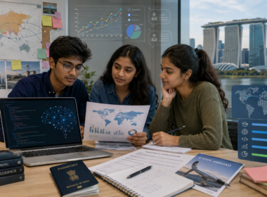 Representative image: Indian students review study-abroad options as Leap Scholar data shows Singapore gaining ground among overseas education destinations, with Data Science and Artificial Intelligence courses increasingly shaping destination choices.