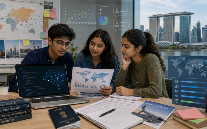 Representative image: Indian students review study-abroad options as Leap Scholar data shows Singapore gaining ground among overseas education destinations, with Data Science and Artificial Intelligence courses increasingly shaping destination choices.