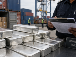 Representative image: Silver bars at a port inspection point highlight India’s decision to restrict 99.9% purity silver bar imports, requiring permits under the revised DGFT import policy for precious metals.