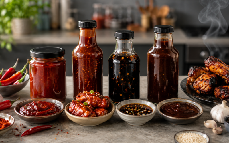 Representative image of Korean-style sauces, chili ingredients and glazed chicken, illustrating ECOLINE CO., LTD.’s K-sauce launch as the swicy food trend gains traction in global kitchens.