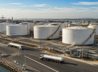 Representative image: Large fuel storage tanks and tanker trucks at an industrial terminal illustrate Australia’s plan to commit about $7 billion to expand fuel stockpiles, strengthen diesel and aviation fuel reserves, and create a government-backed energy security buffer.