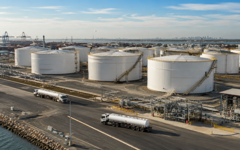 Representative image: Large fuel storage tanks and tanker trucks at an industrial terminal illustrate Australia’s plan to commit about $7 billion to expand fuel stockpiles, strengthen diesel and aviation fuel reserves, and create a government-backed energy security buffer.