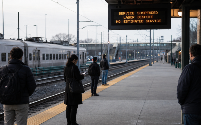 Representative image: Stranded commuters wait on a quiet rail platform as the Long Island Rail Road strike halts train service after contract talks between unions and the Metropolitan Transportation Authority collapsed, triggering major travel disruption across Long Island and New York City.