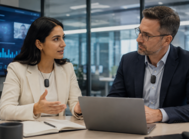 Representative image showing AI wearable technology in an office setting, as Meta Platforms’ planned AI pendant raises fresh questions over workplace productivity, privacy and Reality Labs strategy.