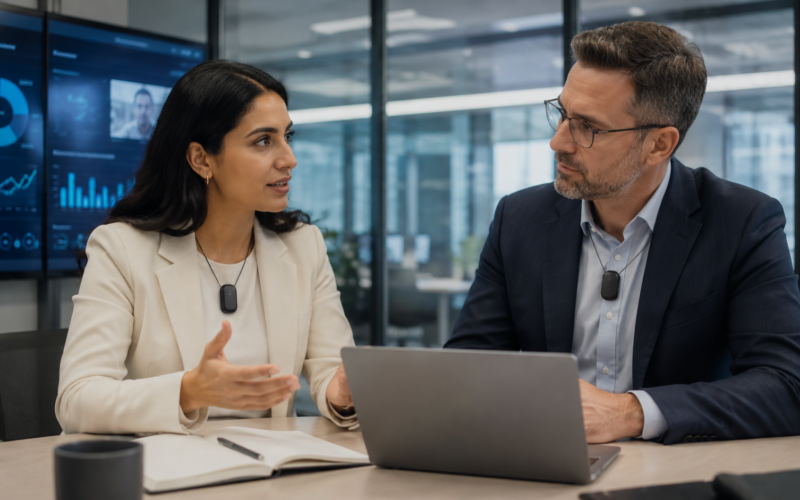 Representative image showing AI wearable technology in an office setting, as Meta Platforms’ planned AI pendant raises fresh questions over workplace productivity, privacy and Reality Labs strategy.