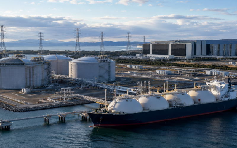 Representative image showing LNG shipping, storage tanks and power infrastructure, as Mitsui & Co.’s energy strategy links artificial intelligence data centres with global gas demand.