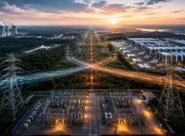 Representative image of high-voltage power infrastructure, grid corridors and data center energy demand, reflecting the proposed $66.8 billion NextEra Energy and Dominion Energy all-stock merger and its role in reshaping the US regulated utility sector.