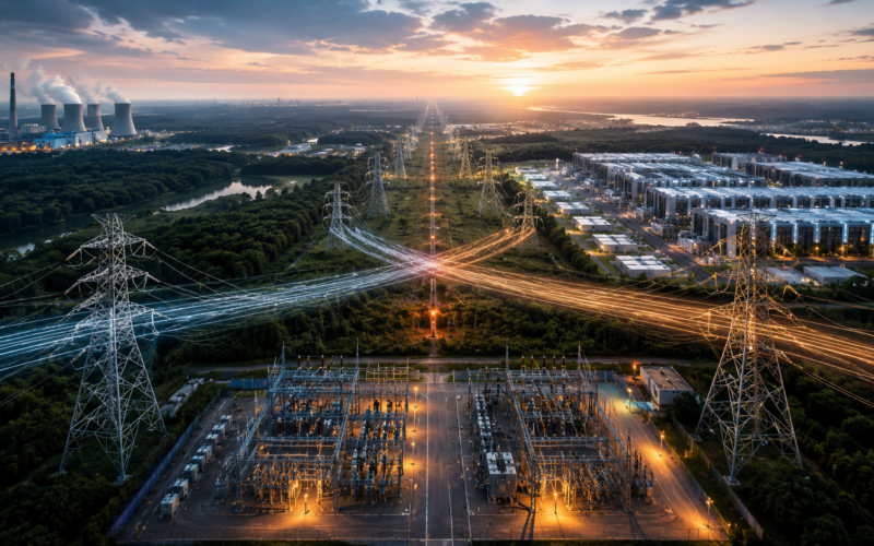 Representative image of high-voltage power infrastructure, grid corridors and data center energy demand, reflecting the proposed $66.8 billion NextEra Energy and Dominion Energy all-stock merger and its role in reshaping the US regulated utility sector.