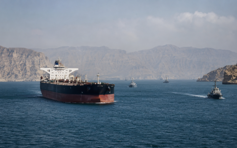 Representative image: An oil tanker moves through a strategic Gulf waterway as U.S.-Iran peace framework talks raise hopes of reopening the Strait of Hormuz and easing crude oil market risk.