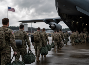 Representative image: United States service members board a military transport aircraft at a European air base, illustrating the Pentagon’s planned withdrawal of about 5,000 troops from Germany amid rising United States–Germany tensions over the Iran war.