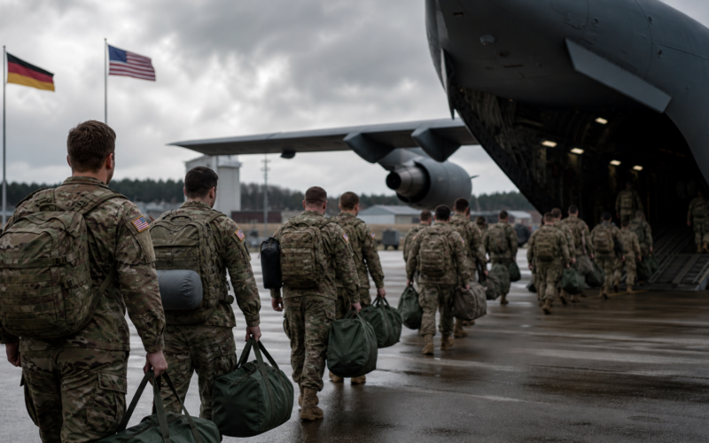 Representative image: United States service members board a military transport aircraft at a European air base, illustrating the Pentagon’s planned withdrawal of about 5,000 troops from Germany amid rising United States–Germany tensions over the Iran war.