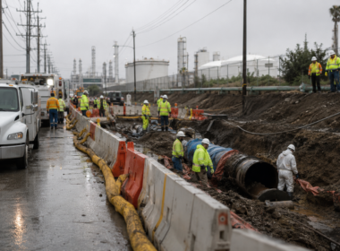Representative image of oil pipeline repair crews working near industrial infrastructure in Los Angeles, as Plains All American Pipeline moves to restart unaffected sections of a ruptured crude line tied to California refinery supply.