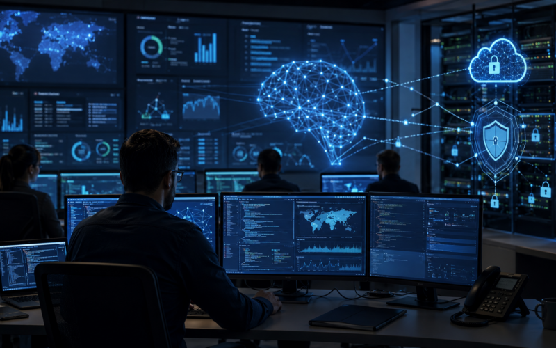 Representative image of an AI-powered cybersecurity operations center, illustrating IBM’s push into enterprise security, Project Glasswing collaboration, and machine-speed threat defense for critical software infrastructure.