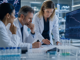 Representative image of oncology researchers reviewing clinical trial data, reflecting Regeneron Pharmaceuticals’ late-stage Libtayo combination setback against Merck’s Keytruda in advanced melanoma.
