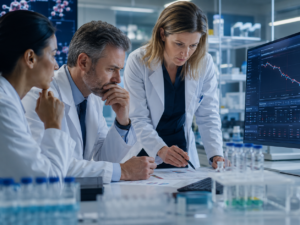 Representative image of oncology researchers reviewing clinical trial data, reflecting Regeneron Pharmaceuticals’ late-stage Libtayo combination setback against Merck’s Keytruda in advanced melanoma.