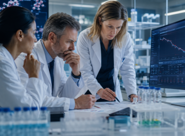 Representative image of oncology researchers reviewing clinical trial data, reflecting Regeneron Pharmaceuticals’ late-stage Libtayo combination setback against Merck’s Keytruda in advanced melanoma.