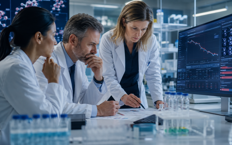 Representative image of oncology researchers reviewing clinical trial data, reflecting Regeneron Pharmaceuticals’ late-stage Libtayo combination setback against Merck’s Keytruda in advanced melanoma.