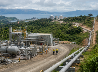 Representative image: A natural gas pipeline and processing facility in a remote highlands setting, illustrating Santos Limited’s Agogo Production Facility Tie-In Project in Papua New Guinea as the company moves to expand PNG LNG feed gas supply through brownfield infrastructure investment.