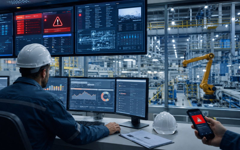 Representative image of an industrial control room monitoring real-time alarm notifications, highlighting how the SeQent and Velotic partnership could support safer, faster response across Proficy-powered manufacturing operations.