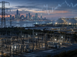Representative image of electricity transmission infrastructure, an LNG export terminal and market chart overlays, reflecting investor scrutiny as Sempra faces activist pressure from Voss Capital over a proposed Oncor spin-off and portfolio breakup strategy.