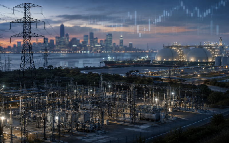 Representative image of electricity transmission infrastructure, an LNG export terminal and market chart overlays, reflecting investor scrutiny as Sempra faces activist pressure from Voss Capital over a proposed Oncor spin-off and portfolio breakup strategy.