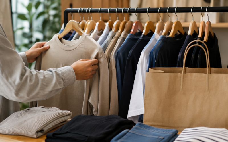 Representative image: A minimalist apparel retail display reflects Shein’s acquisition of Everlane, highlighting the tension between fast-fashion scale, sustainable fashion credibility and consumer trust in direct-to-consumer retail.