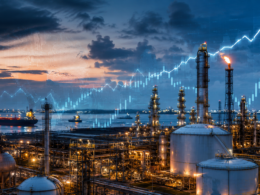 Representative image of an oil and gas refinery with financial market overlays, reflecting how Shell plc’s first quarter 2026 earnings were lifted by volatile energy trading, higher shareholder returns, and investor focus on second quarter Integrated Gas risks.