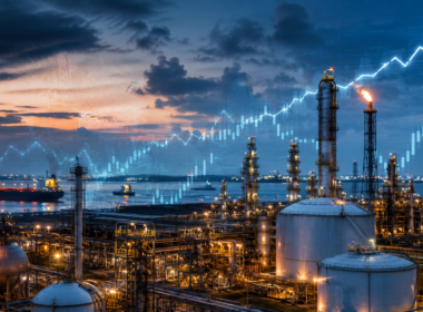 Representative image of an oil and gas refinery with financial market overlays, reflecting how Shell plc’s first quarter 2026 earnings were lifted by volatile energy trading, higher shareholder returns, and investor focus on second quarter Integrated Gas risks.