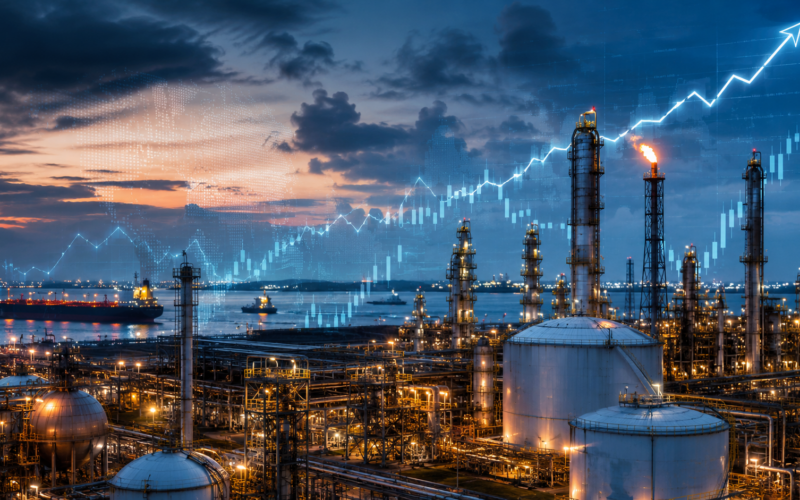 Representative image of an oil and gas refinery with financial market overlays, reflecting how Shell plc’s first quarter 2026 earnings were lifted by volatile energy trading, higher shareholder returns, and investor focus on second quarter Integrated Gas risks.