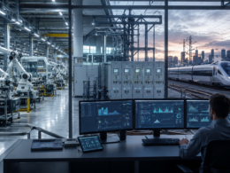 Representative image: A modern industrial control room overlooking automated factory systems, electrification infrastructure and rail mobility, reflecting Siemens AG’s Q2 FY2026 focus on industrial AI, smart infrastructure, data center demand and long-cycle order growth.