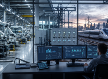 Representative image: A modern industrial control room overlooking automated factory systems, electrification infrastructure and rail mobility, reflecting Siemens AG’s Q2 FY2026 focus on industrial AI, smart infrastructure, data center demand and long-cycle order growth.