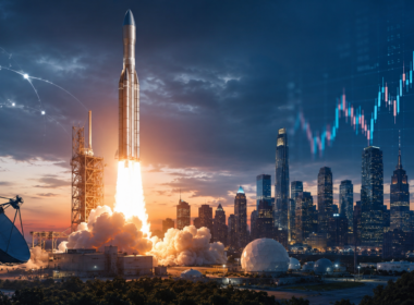 Representative image of a rocket launch against a financial district skyline, illustrating how the SpaceX IPO filing could bring Elon Musk’s Starlink, AI infrastructure and Mars ambitions into Wall Street’s valuation spotlight.
